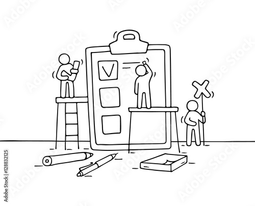 Sketch crowd of people with checklist.