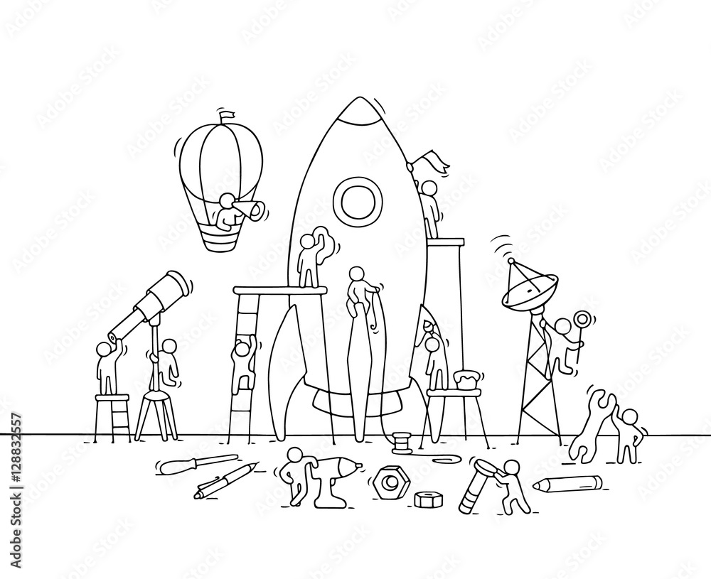 Sketch of working little people with big rocket.