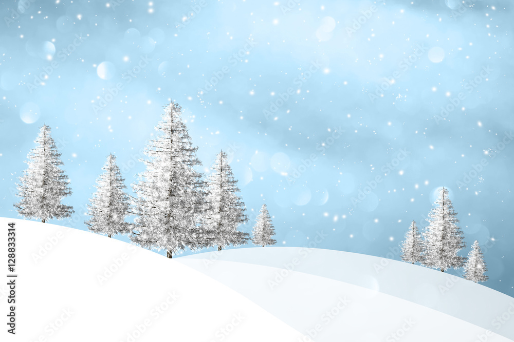 Lovely winter snowfall landscape with snowy trees on the hills. Christmas and New Year holiday greeting card illustration background.