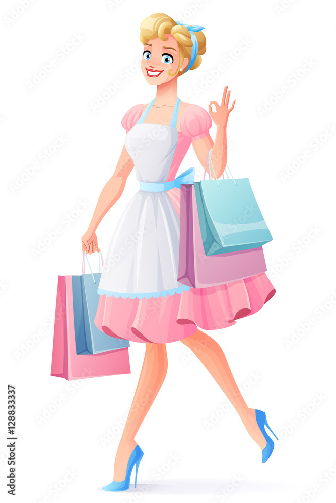 Smiling housewife walking with shopping bags showing OK. Vector illustration.