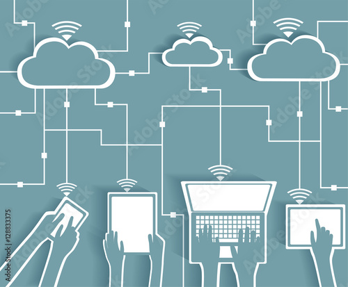 Cloud Computing Paper Cutout Stickers BYOD Devices Network - Wifi Internet Connectivity concept, EPS10 Grouped and Layered
