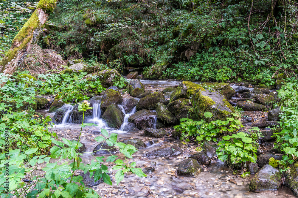 Wildbach mit Stufe aus Felsbrocken in Langzeitbelichtung aufgenommen