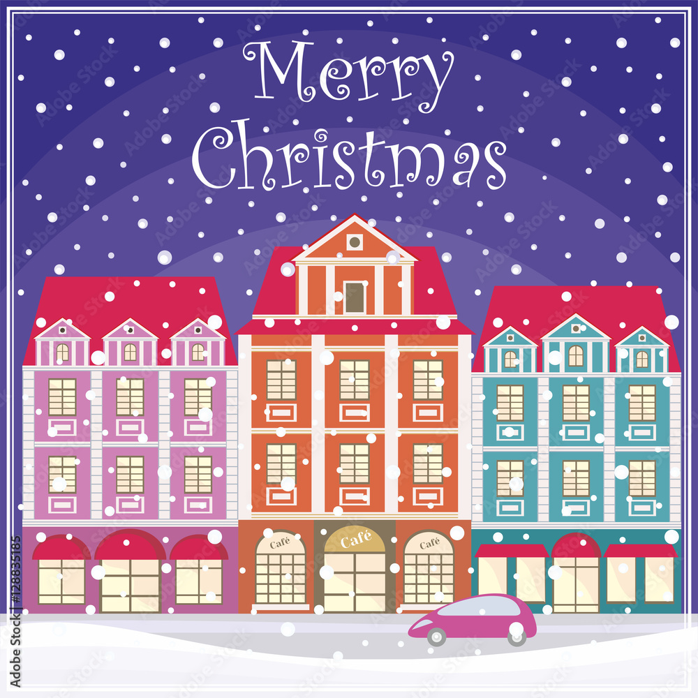 Christmas greeting card with a picture of snow-covered streets of the old town.