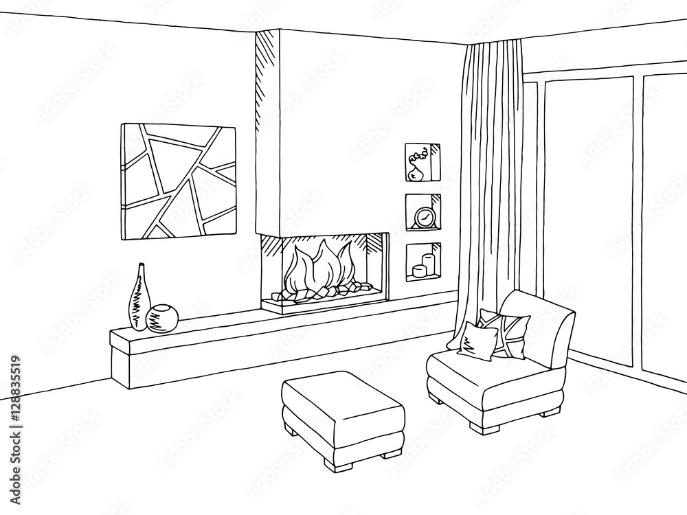 Fireplace living room interior graphic art black white sketch illustration vector
