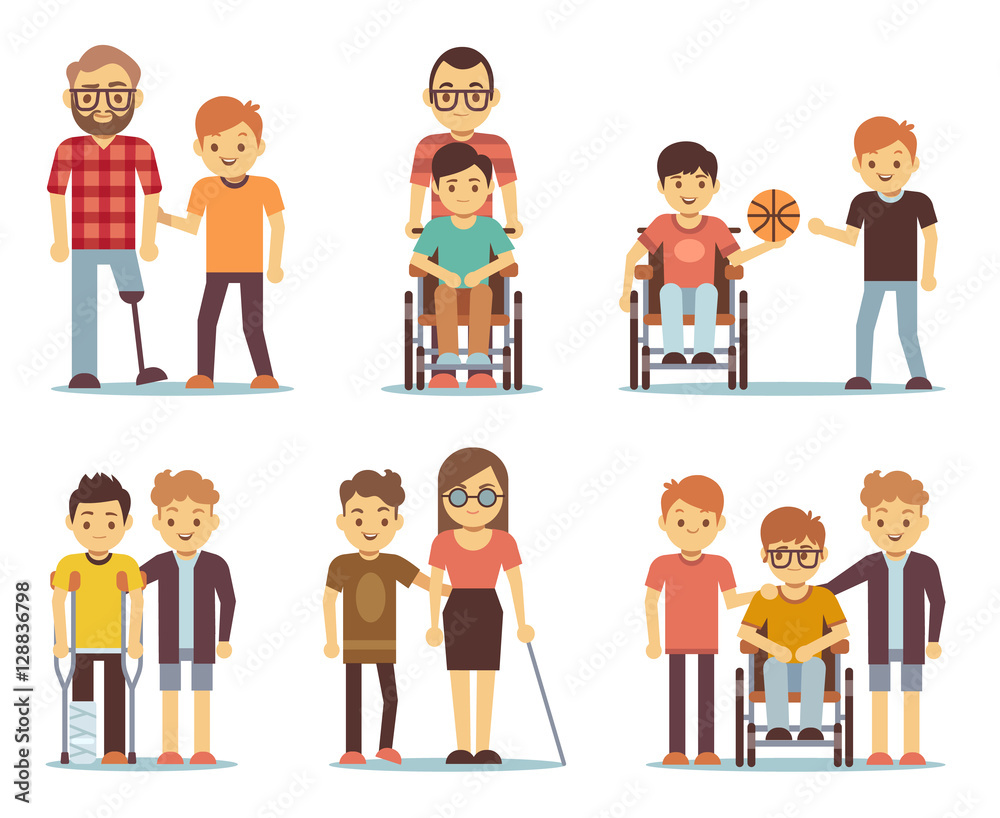Disabled people and friends helping them vector set