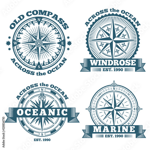 Vintage nautical labels, emblems, logo, badges with compass and ribbons