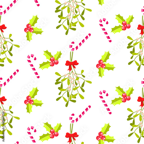 Festive kissing bough seamless vector pattern. Traditional plant tied with red bow. Holly berry and stripes candy cane white background.