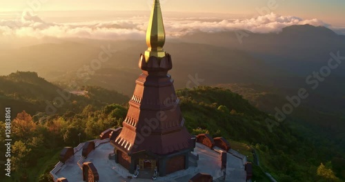 Aerial view of Buddhist pagoda temple in Thailand at sunrise