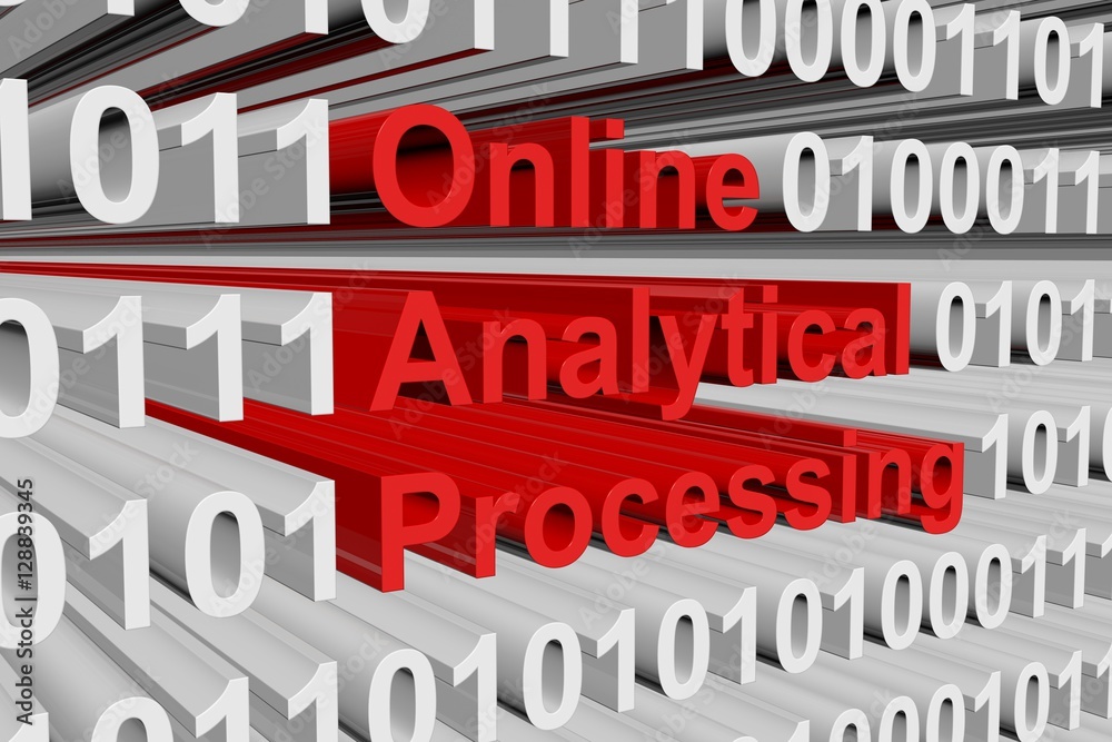 Online analytical processing in the form of binary code, 3D illustration