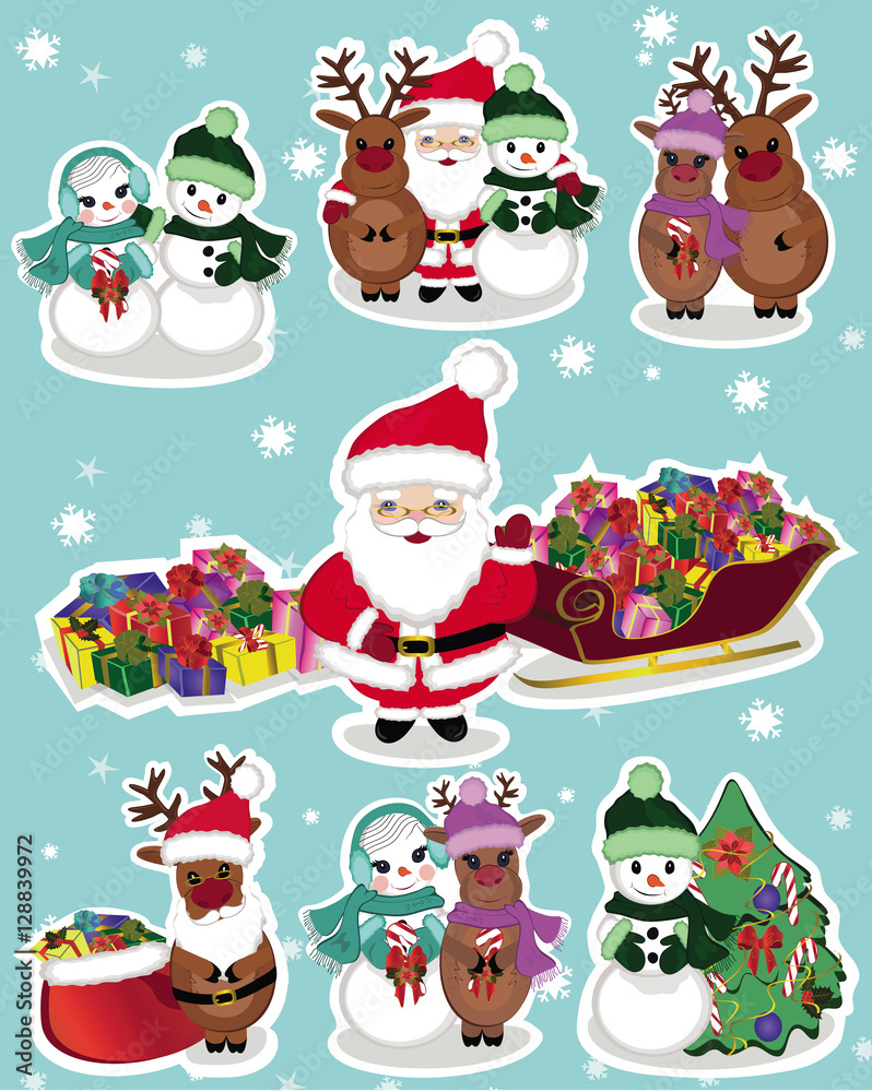 Set of flat icons with Santa Claus, reindeer, snowmen and sledge with presents. Vector illustrations