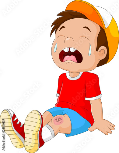 Cartoon crying boy with wounded leg