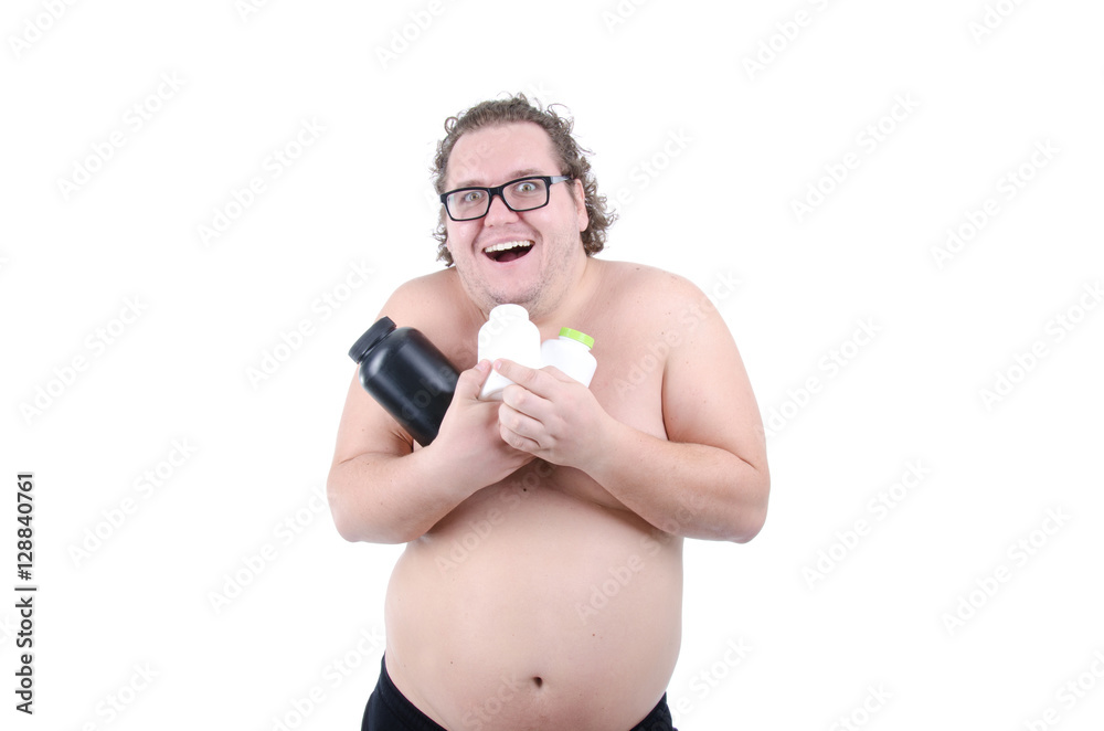 Funny fat guy and sports nutrition. Stock Photo | Adobe Stock