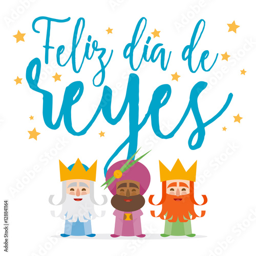 the three kings of orient on a white background. Christmas vectors. Happy Epiphany written in Spanish

