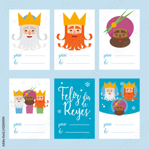 Collection of 6 Christmas card templates. Vector illustration. Template for Greeting Scrap booking  Congratulations  Invitations. Blue. Happy Epiphany written in Spanish  