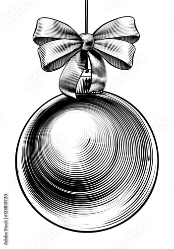 Christmas Bauble Bow Woodcut Engraved Etching