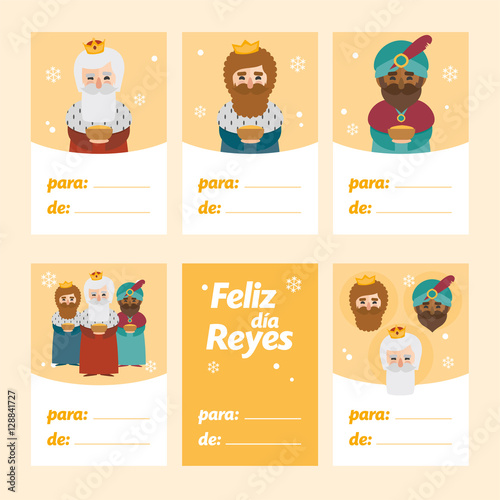 Collection of 6 Christmas card templates. Vector illustration. Template for Greeting Scrap booking, Congratulations, Invitations. Yellow. Happy Epiphany, to: from: written in Spanish