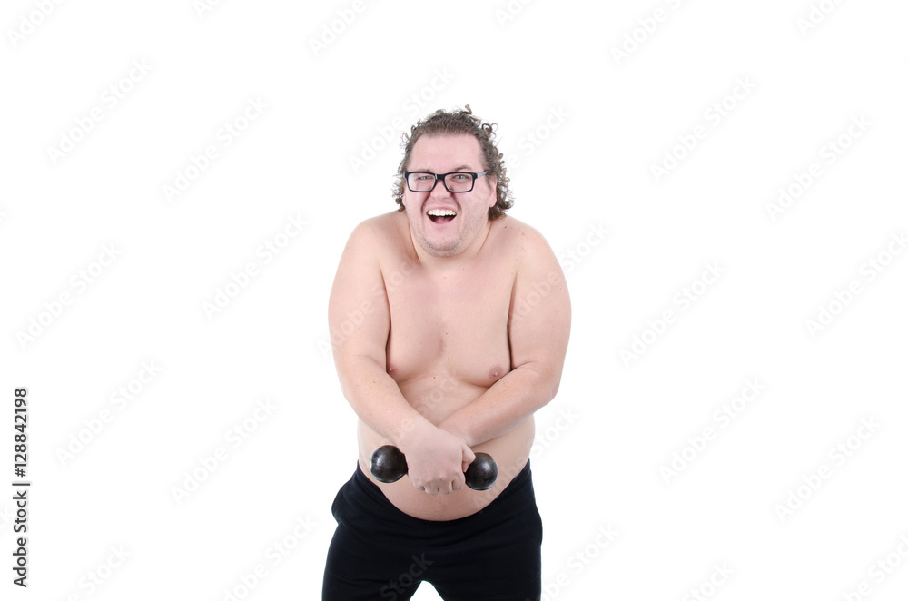 Funny bodybuilder. Fat man and dumbbell. Funny bodybuilder. Fat man and dumbbell.