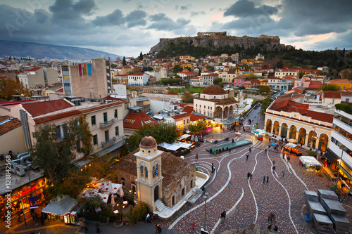View of Acropolis from a roof-top coffee shop in Monastiraki square, Athens.