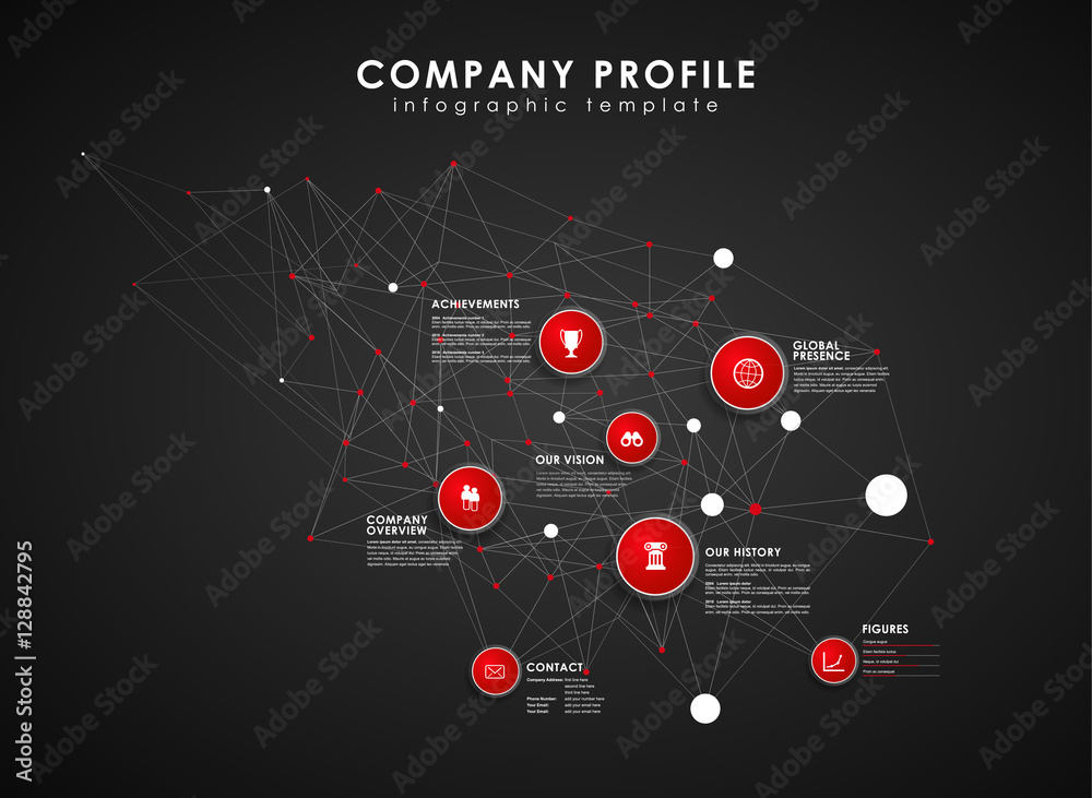 Fototapeta premium Company profile overview template with red circles and dots - da
