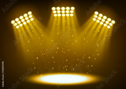 Gold bright stadium spotlights on dark background Vector Illustration