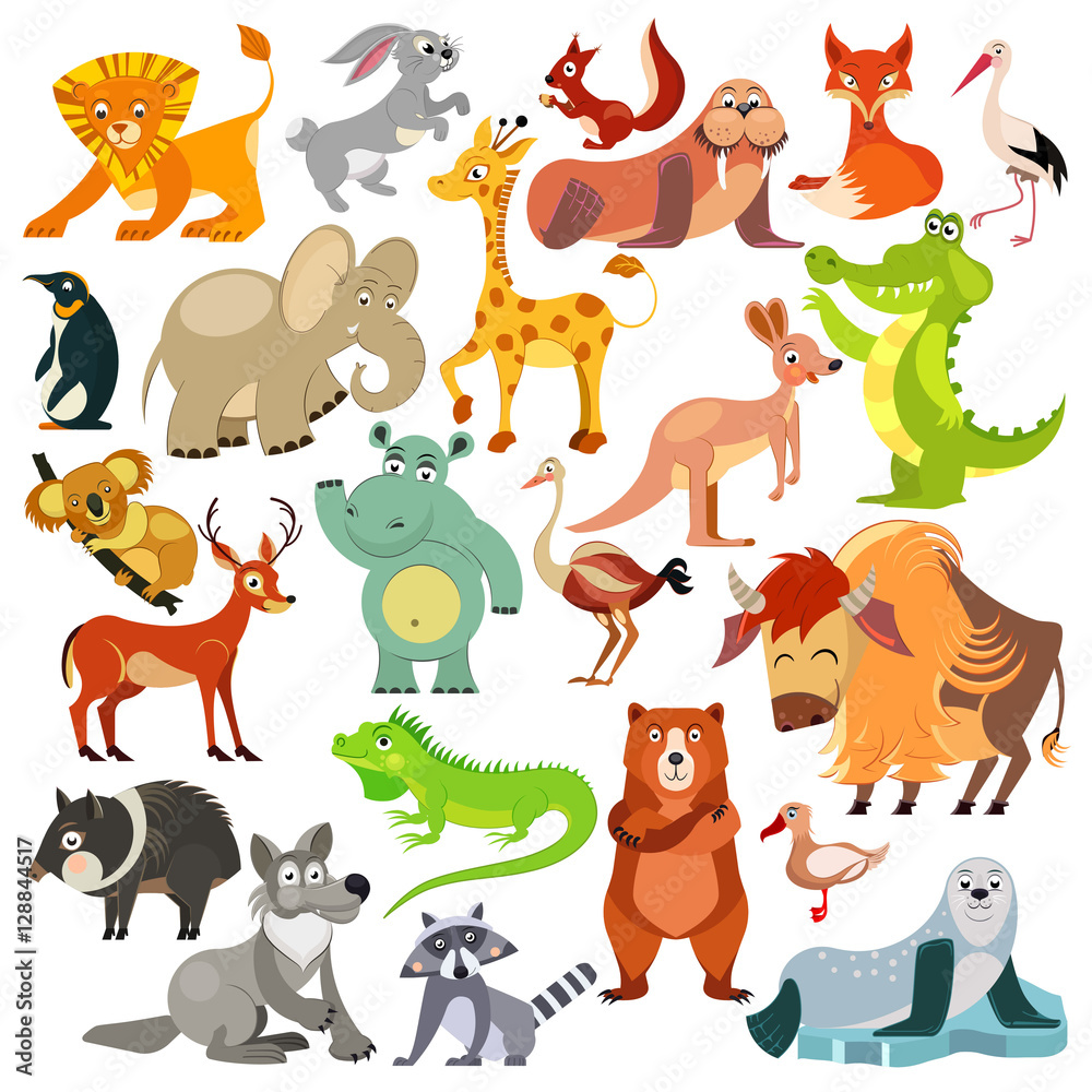 Obraz premium Set of funny animals, birds and reptiles from all over the world. World fauna. For alphabet. Vector illustration