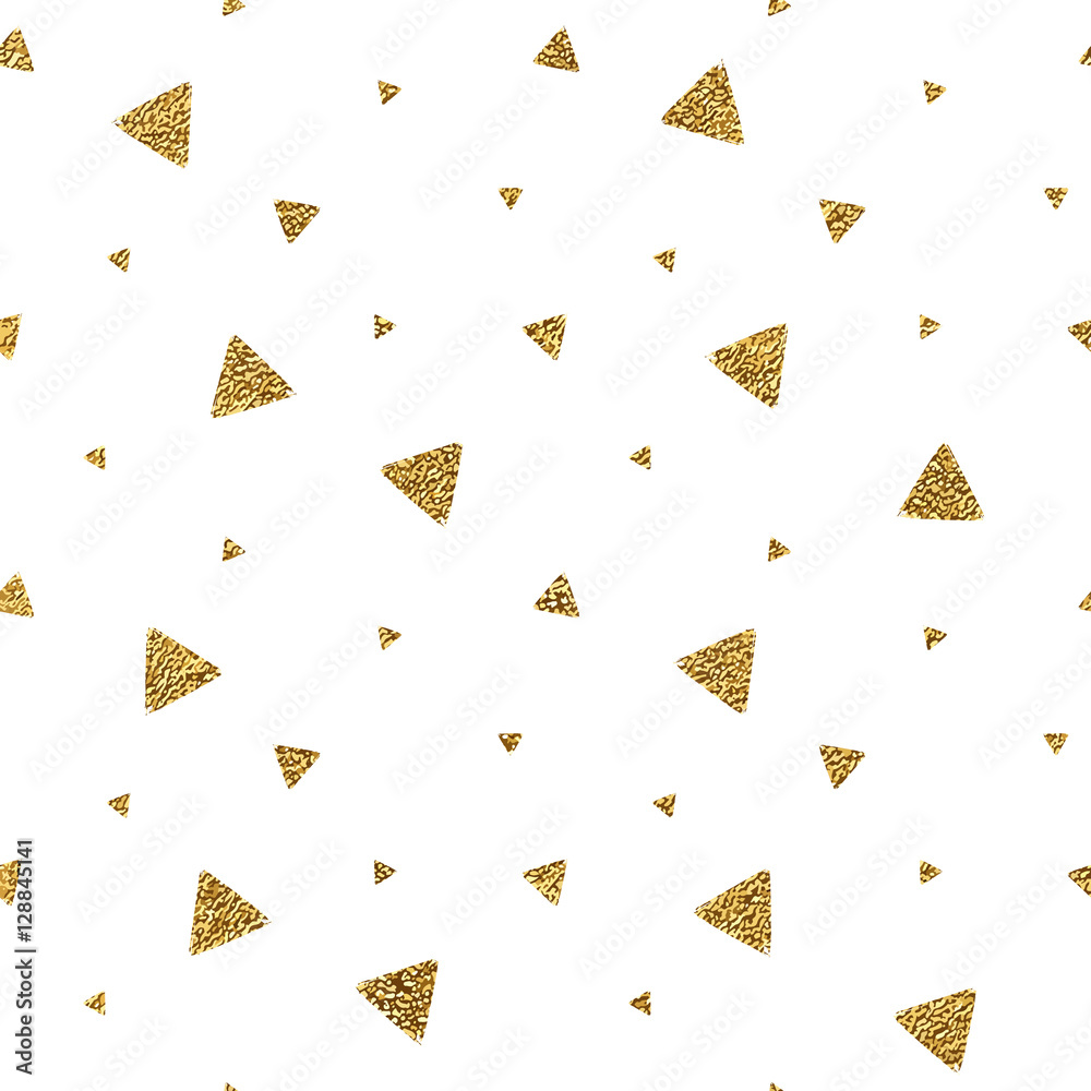 Geometric grunge seamless pattern of gold glitter triangle confetti on