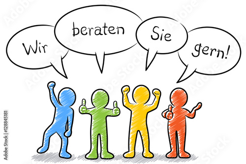 Wir beraten Sie gern!, Strichmännchen / Farbig, Bunt / Gezeichnet, Handgezeichnet, Zeichnung, Schraffiert / Design, Vektor, Freigestellt