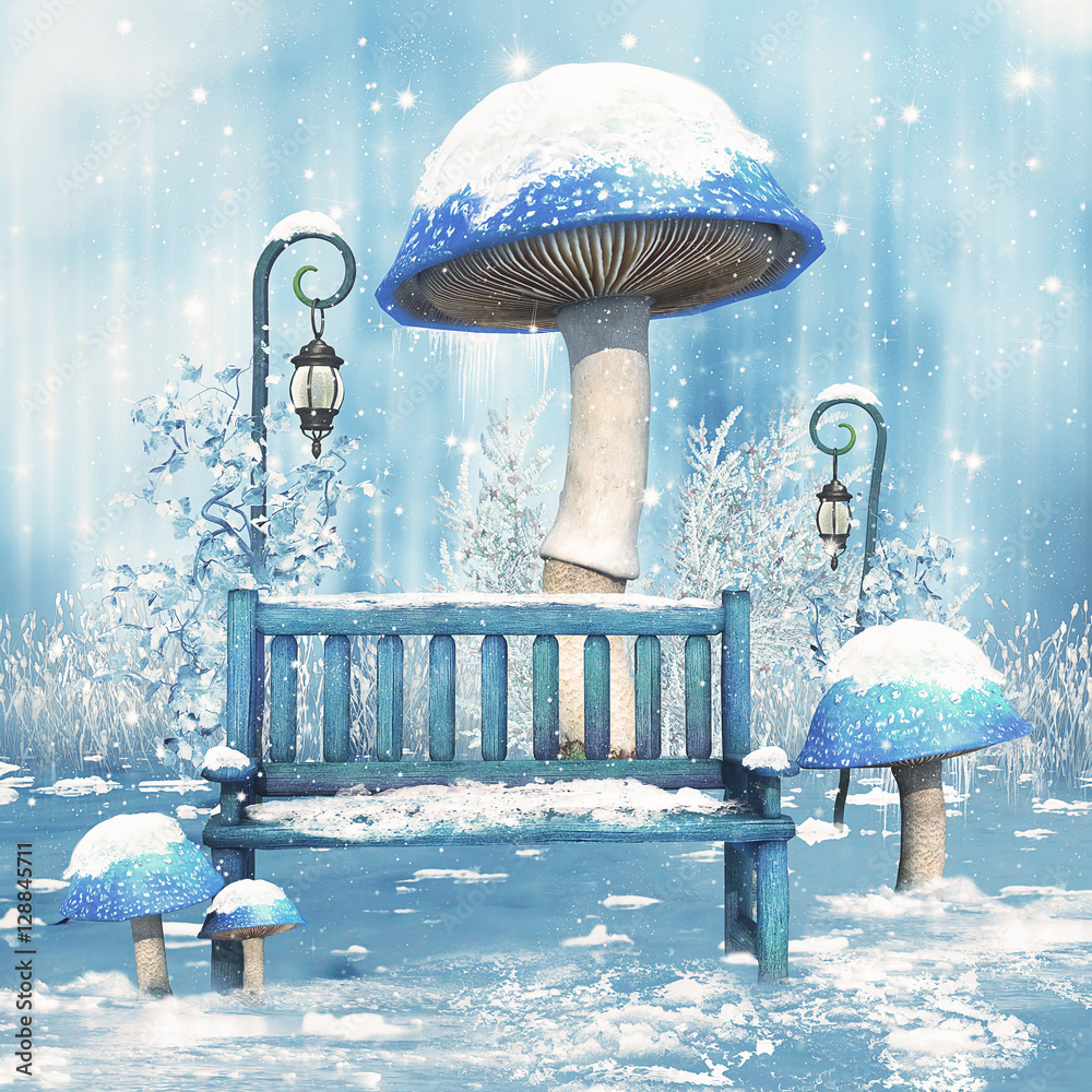 Naklejka premium Zimowe grzyby i ławka pod śniegiem