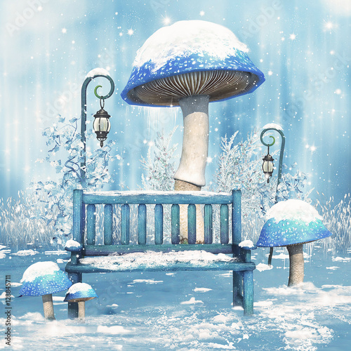 Zimowe grzyby i ławka pod śniegiem