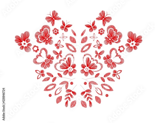 Floral design , embroidery pattern. Colorful vector illustration hand drawn. Fantasy flowers leaves and butterflies. T-shirt designs.
