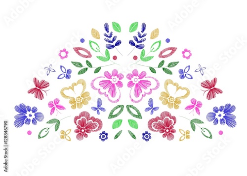 Floral design , embroidery pattern. Colorful vector illustration hand drawn. Fantasy flowers leaves and butterflies. T-shirt designs.