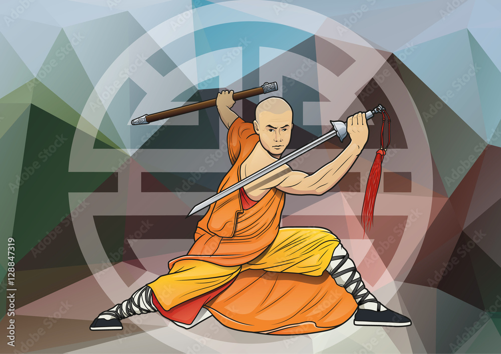 shaolin monk with sword poster landscape Stock Vector | Adobe Stock