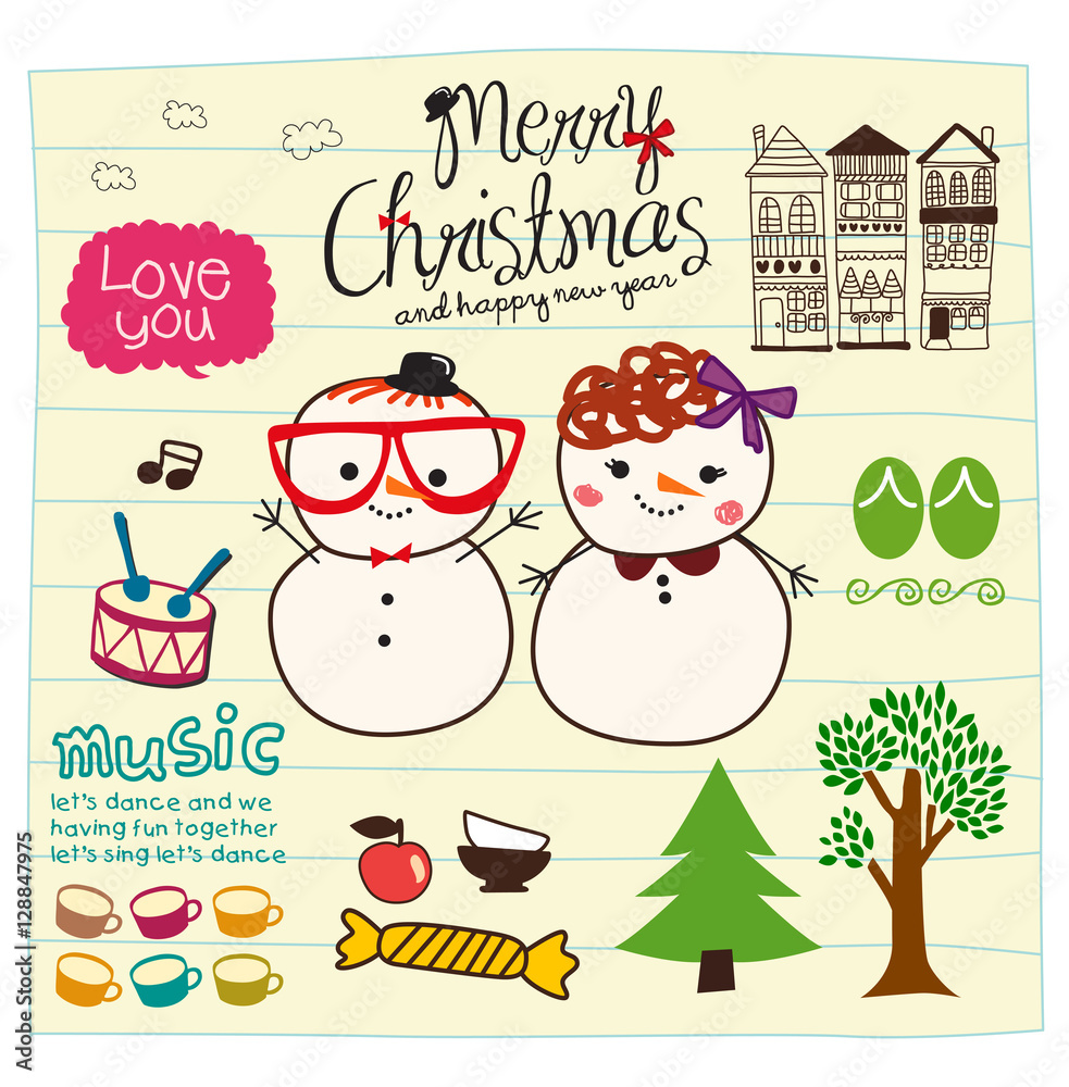 Fototapeta premium snowmen love you doodle vector
