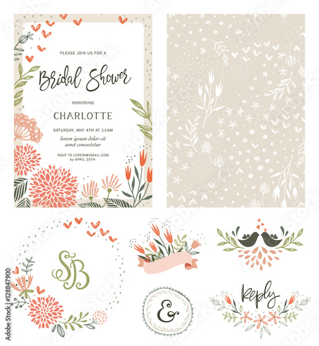 Rustic hand drawn Bridal Shower invitation with seamless background and floral design elements. Vector illustration.