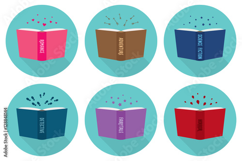 Set of fiction genre icons romance, fairytale, detective, adventure, science fiction, horror
