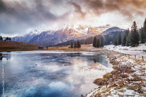 Small lake in the Italian Dolomites. Beautiful mountain landscap