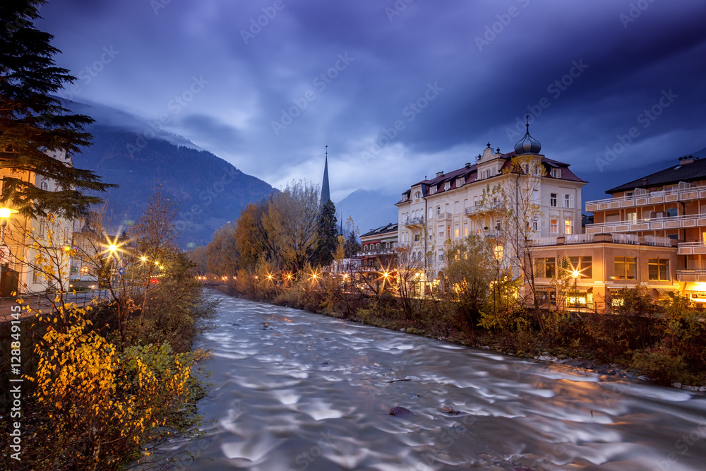 Merano, a beautiful town in the Alpine mountains of South Tyrol. - obrazy, fototapety, plakaty 