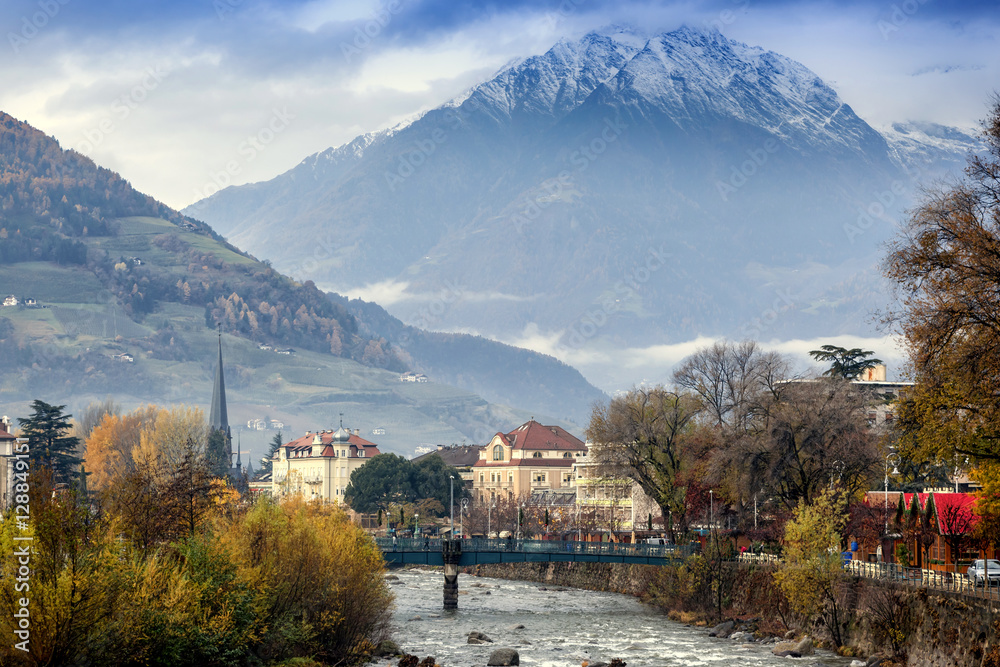 Merano, a beautiful town in the Alpine mountains of South Tyrol. - obrazy, fototapety, plakaty 