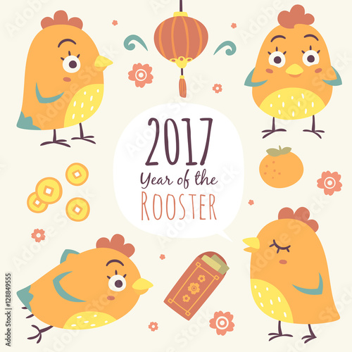vector cartoon chinese new year of rooster set