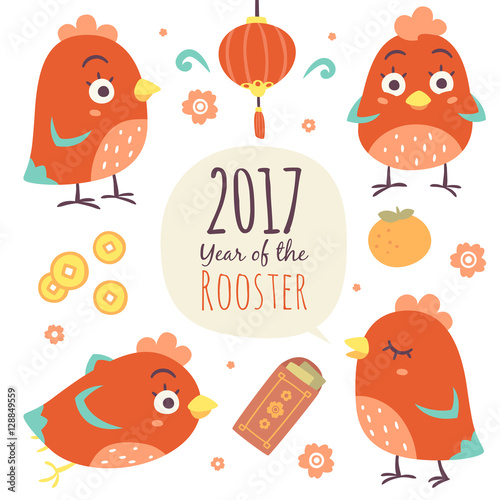 vector cartoon chinese new year of rooster set