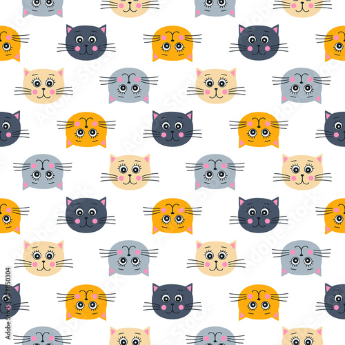 Cats face. Vector seamless pattern with smiling kitten heads. On white background. Childish design. Black, grey, yellow and orange cats. photo