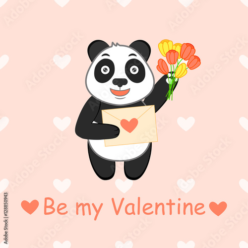 Fototapeta Naklejka Na Ścianę i Meble -  Be my Valentine. Cartoon vector illustration with funny panda, love letter and bouquet of tulip. Background with hearts.