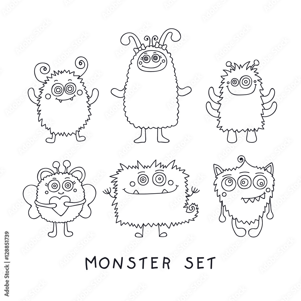 Doodle monster. Vector set of hand drawn doodle monster. Cute design for  children. Isolated. On white background. Outline elements for coloring.  Stock Vector