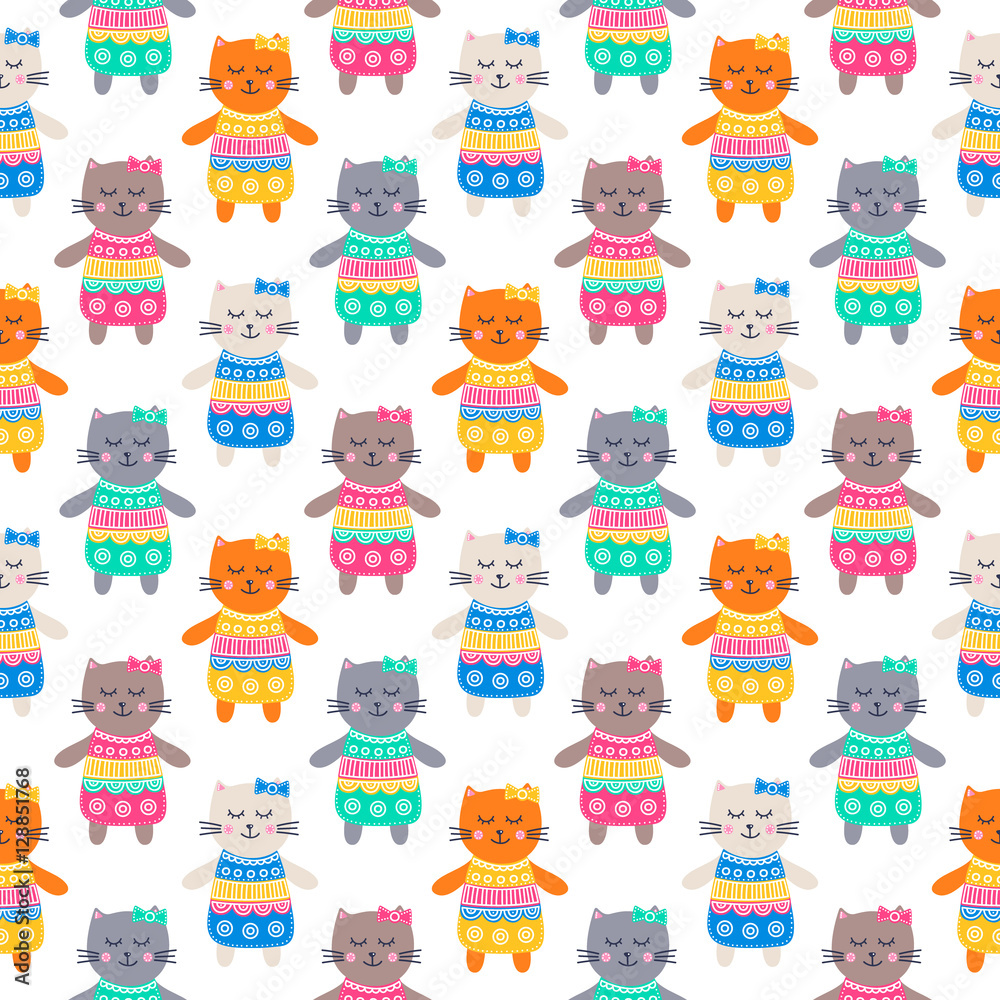 Cute kittens. Vector seamless pattern with hand drawn flat cat girls in dress. Childish background. Bright colors - yellow, pink, green, orange, grey, blue. On white background.