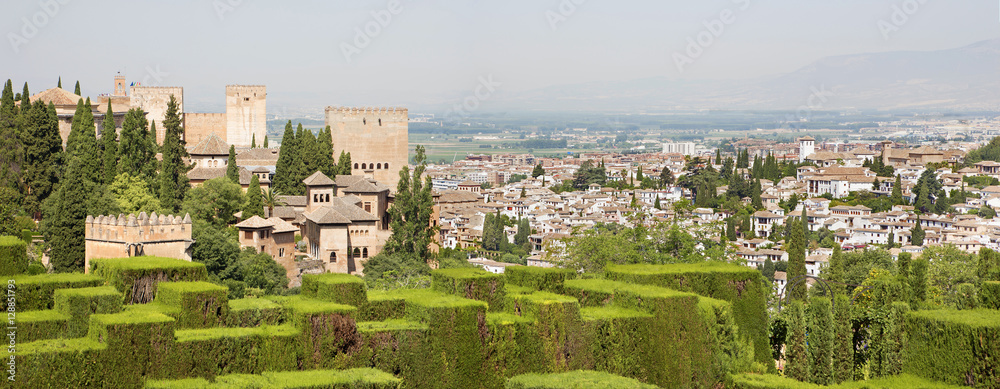 Granada - The panorama of Alhambra and the town from Generalife gardens.