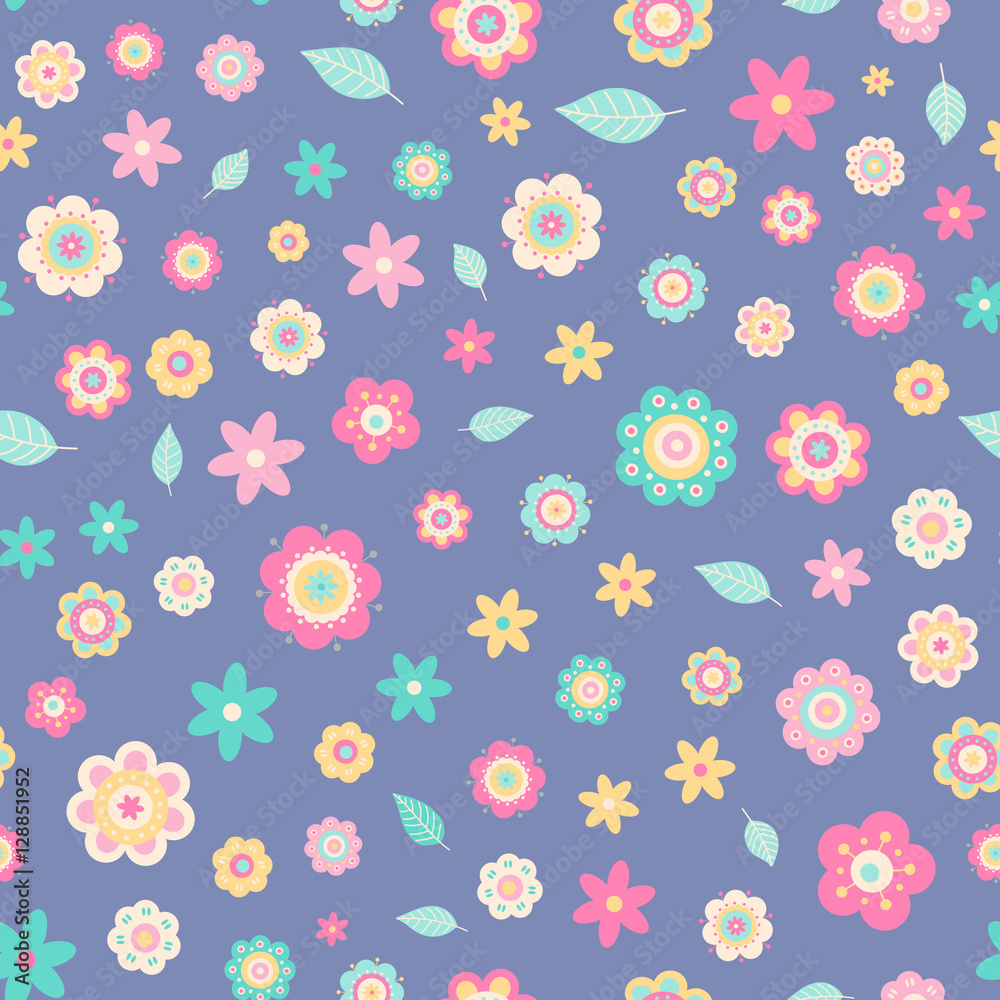 Flat flowers. Vector seamless pattern with cute flat flowers. Pastel colors - light pink; yellow; green. Nice baby background. Spring season. On blue background.