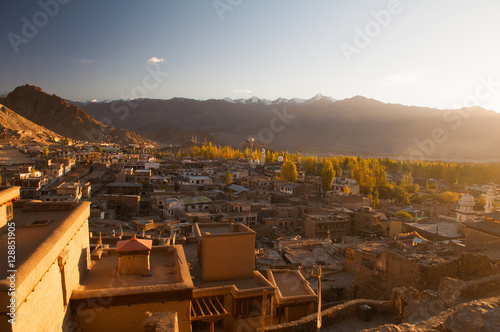 city of leh, ladakh during sunrise photo