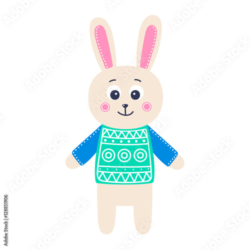 Cute rabbit. Vector hand drawn smiling rabbit in sweater. Isolated. On white background. Nice animal for kids design. Illustration in flat style.