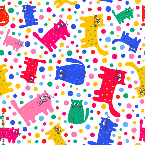 Funny cats. Vector seamless pattern with cute cats and doys. Bright colors - red, pink, yellow, green, blue, white. Childish background. On white backdrop.