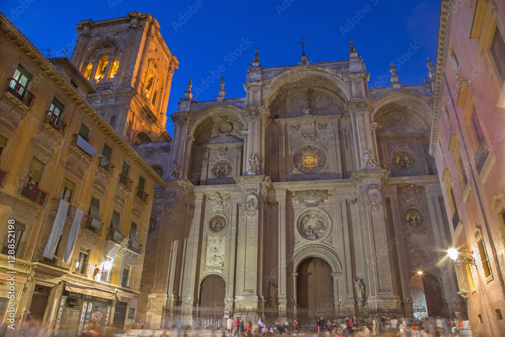 GRANADA, SPAIN - MAY 29, 2015: The Cathedral main portal in the evening dusk.